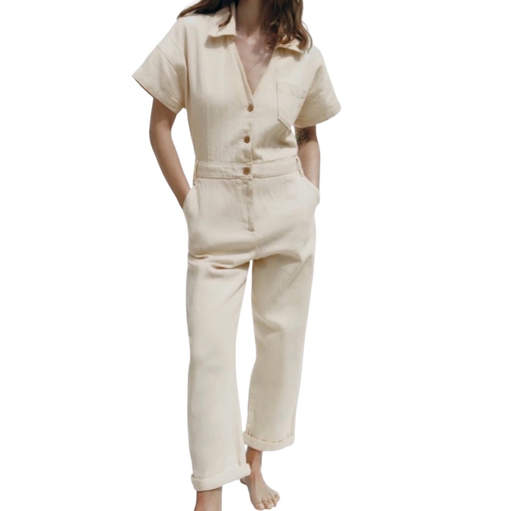 Zara Jumpsuit Women XS Cream Excellent Short Sleeve Utility Boiler Suit